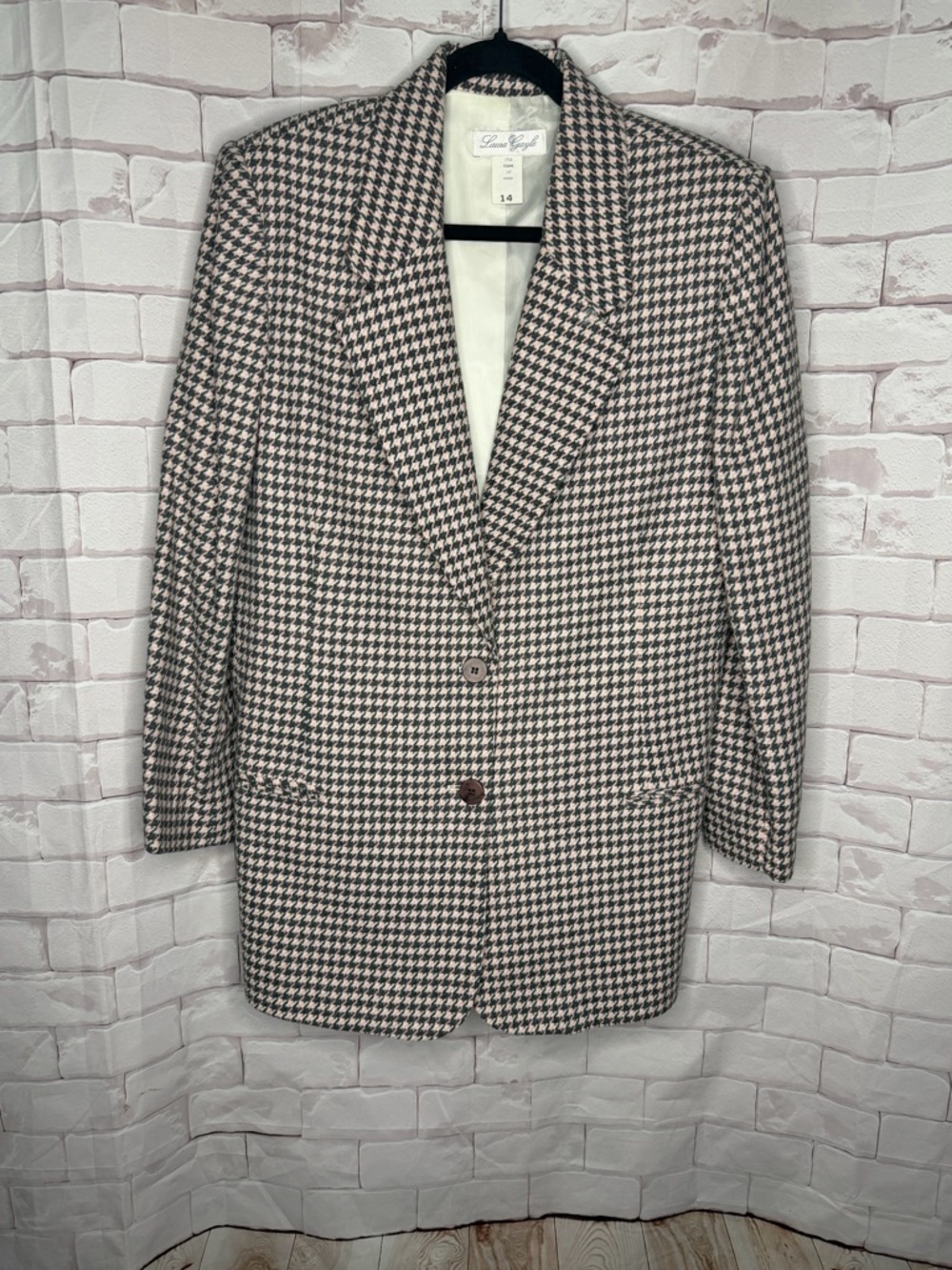Laura Gayle Houndstooth Blazer Size‎ 14 Pink Black Wool Blend Classic